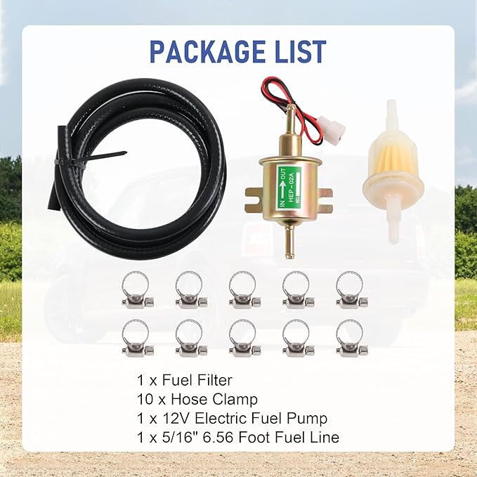 Universal Electric Fuel Pump Kit 12v 3-6 PSI Low Pressure with Fuel Filters 10 Hose Clamps 6.56 FT 5/16" ID Fuel Line Replacement For Carburetor Lawn Mower Gas Diesel Transfer Pump