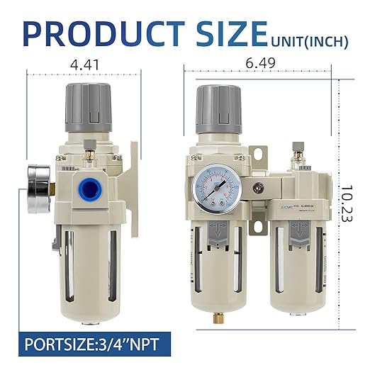 1/2" NPT Air Compressor Oil-Water Separator,Air Pressure Regulator,Compressed Air Filter Regulator Lubricator,Semi-Automatic Drain Polyethylene Bowl (0-150 PSI) Brass Components