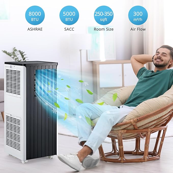 Portable AC Unit with 8000 BTU Cooling, Remote Control & 24-Hour Programmable Timer, Low-Noise Design for Rooms Up to 350 Sq.Ft, Ideal for Dorm or Office Use, Black and White Design
