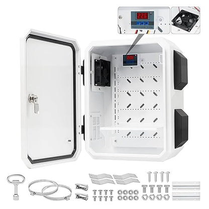 Outdoor Electrical Box with Key Lock, 12V Cooling Fan & Temperature Controller Included, Cold-Rolled Steel Plate Electrical Box, with M10 Aluminum Alloy Sliding Groove (11.81"x15.75"x7.87")