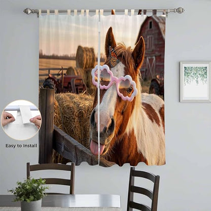Farm Horses Living Room Curtains 96 Inch Length, Window Curtains Tab Top, Farmhouse Barn Funny Animals Butterfly Light Filtering Window Treatments Drapes 52"x96" 2 Panel