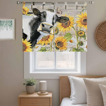 Yellow Sunflowers Bedroom Curtains 63 Inch Length, Window Curtains Tab Top, Farmhouse Cow Barn Doors Floral Butterfly Light Filtering Window Treatments Drapes 42"x63" 2 Panel