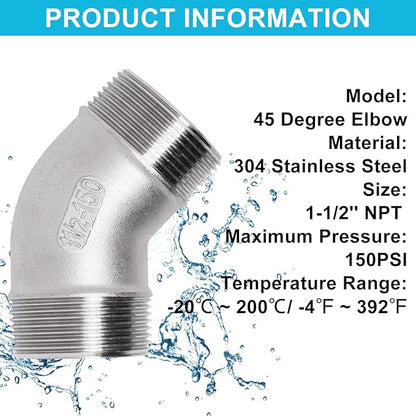 45 Degree Elbow 1PCS, 1-1/2" NPT Male X 1-1/2" NPT Male 304 Stainless Steel Pipe Fitting, Connector Coupler Apply to Outdoor Garden Industrial