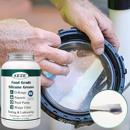 KEZE Pool Lube for O Ring Food Grade Waterproof Silicone Faucet Grease for Pool Filter Plumbing Plastic Parts Gasket Valve Rubber Seals Paste with Brush Top Can 8 OZ