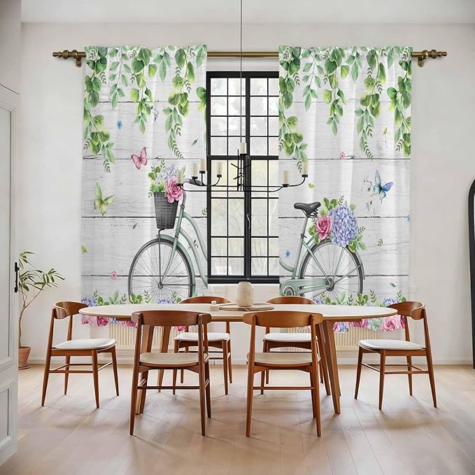 Spring Kitchen Curtains, Bicycles Botanical Rose Leaves Butterfly Wood Grain Light Filtering Window Curtain Panels, 2Pcs Rod Pocket Window Treatments Set for Living Room Bathroom Bedroom 52x72 Inches