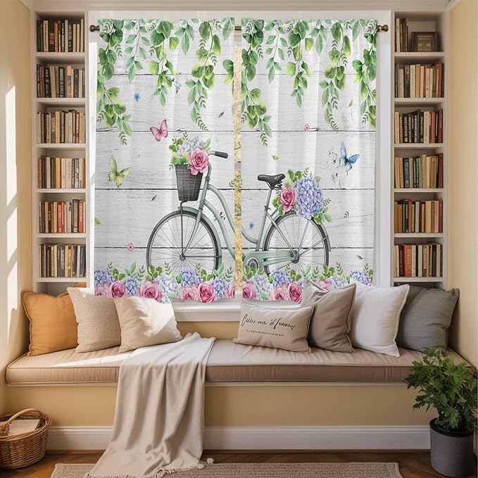 Spring Kitchen Curtains, Bicycles Botanical Rose Leaves Butterfly Wood Grain Light Filtering Window Curtain Panels, 2Pcs Rod Pocket Window Treatments Set for Living Room Bathroom Bedroom 42x63 Inches