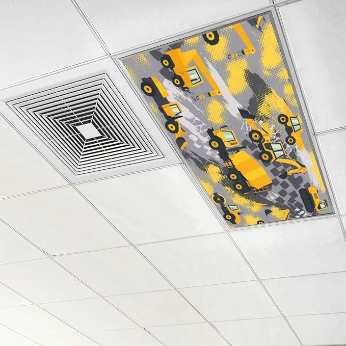 6 Pcs Fluorescent Light Covers for Ceiling Lights Yellow Construction Vehicles Excavators Cranes Trucks Gray Decorative Magnets Light Filters for Office Home Classroom Must Haves 4’ x 2’
