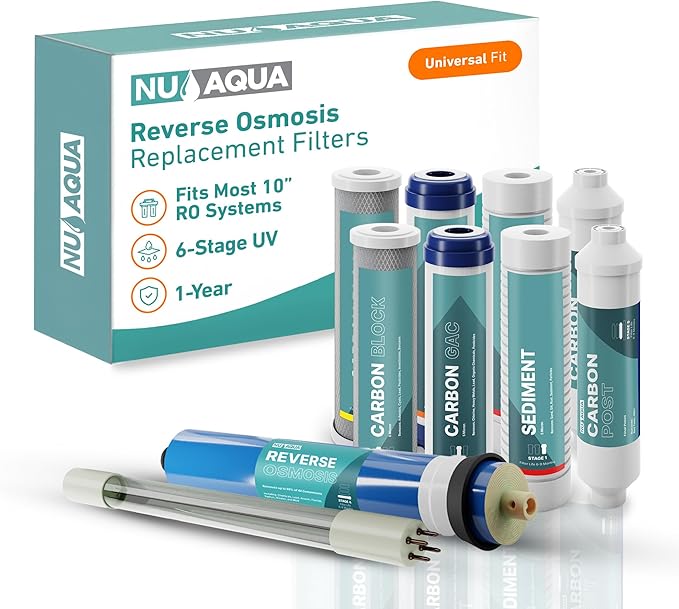 NU Aqua Reverse Osmosis Water Filter System Replacement Set - 6 Stage 1 Year UV Under Sink Kit - Membrane, Sediment, Carbon Filters, Parts & Fittings - Universal Undersink RO Filtration Cartridge Pack
