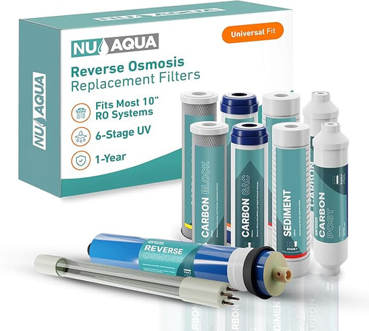 NU Aqua Reverse Osmosis Water Filter System Replacement Set - 6 Stage 1 Year UV Under Sink Kit - Membrane, Sediment, Carbon Filters, Parts & Fittings - Universal Undersink RO Filtration Cartridge Pack