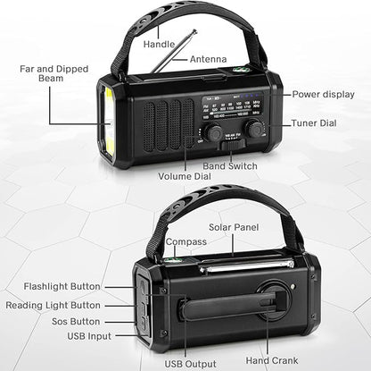 Emergency NOAA Weather Radio, 10000mAh/37000mWh,Solar Hand Crank Radio with AM/FM, Flashlight & Reading Light, Rechargeable Battery,SOS Alarm, for Valentines Day Gifts Indoor Outdoor Emergency