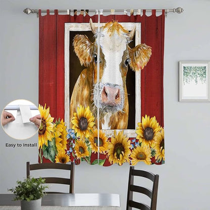 Cows Sunflowers Living Room Curtains 84 Inch Length, Window Curtains Tab Top, Spring Floral Bees Farmhouse Barn Light Filtering Window Treatments Drapes 52"x84" 2 Panel