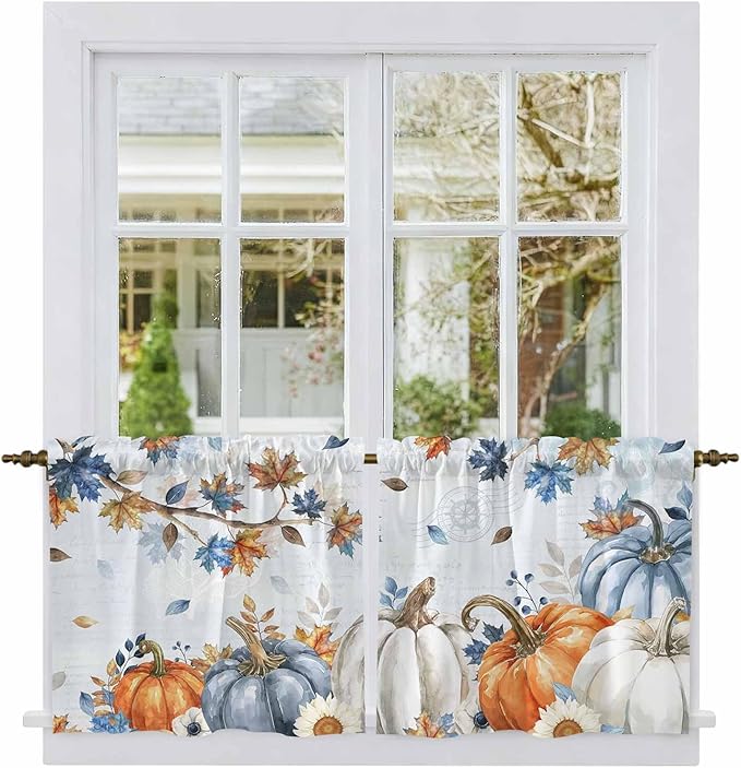 Fall Blue Maple Kitchen Tier Curtains 36 Inch Long 2 Panel Set,Rod Pocket Half Window Curtains Over Sink,Thanksgiving Pumpkins Daisy Country Leaves Short Drapes for Bathroom Cafe 27.5"W x 36"L
