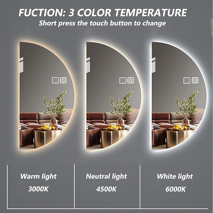 LED Bathroom Mirror with LED Lights, Wall Mounted Bathroom Mirror with Demister Pad and Touch Sensor Switch, Semicircle Illuminated Bathroom Mirror, 3-Color Dimmable(Left,13.8 * 27.6in/35 * 70cm)