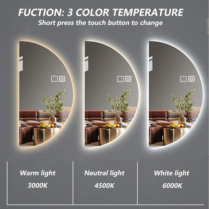 LED Bathroom Mirror with LED Lights, Wall Mounted Bathroom Mirror with Demister Pad and Touch Sensor Switch, Semicircle Illuminated Bathroom Mirror, 3-Color Dimmable(Left,13.8 * 27.6in/35 * 70cm)