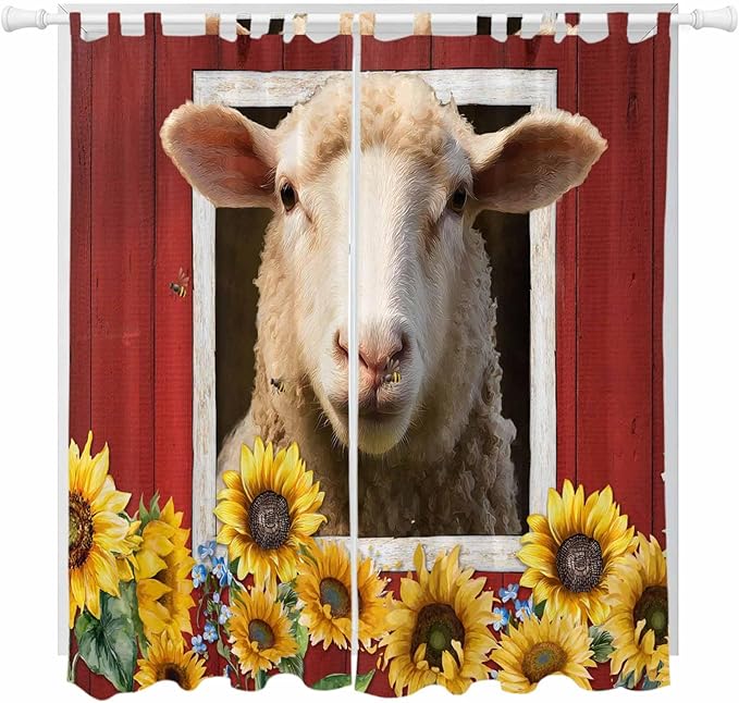 Sheep Sunflower Living Room Curtains 96 Inch Length, Window Curtains Tab Top, Country Red Farm Barn Spring Flowers Light Filtering Window Treatments Drapes 52"x96" 2 Panel
