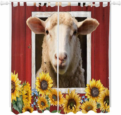 Sheep Sunflower Living Room Curtains 96 Inch Length, Window Curtains Tab Top, Country Red Farm Barn Spring Flowers Light Filtering Window Treatments Drapes 52"x96" 2 Panel