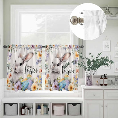 Happy Easter Kitchen Curtains Set 3 Piece for Windows,Rod Pocket Valance and Tier Set 24 Inch Length,Spring Grey Bunny Colorful Eggs Flower Beige Light Filtering Cafe Curtains for Living Room