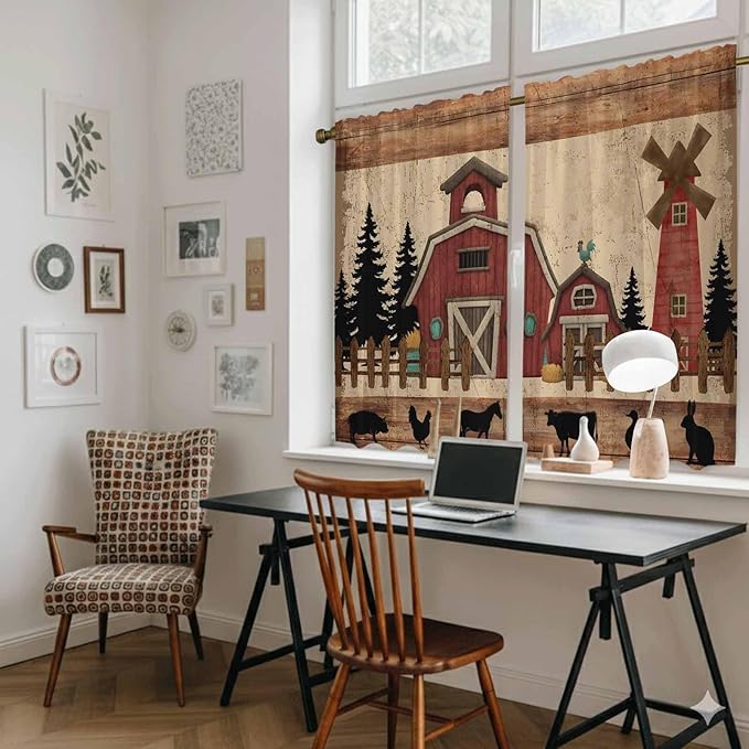 Brown Farmhouse Tier Curtains, Vintage Country Animals Wooden Grain Light Filtering Kitchen Curtains, 2Pcs Rod Pocket Half Window Treatments Panels for Sink Cafe Cabinet Basement 27.5x45 Inches