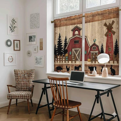 Brown Farmhouse Kitchen Curtains, Vintage Country Animals Wooden Grain Light Filtering Window Curtain Panels, 2Pcs Rod Pocket Window Treatments Set for Cabin Bathroom Bedroom 52x45 Inches
