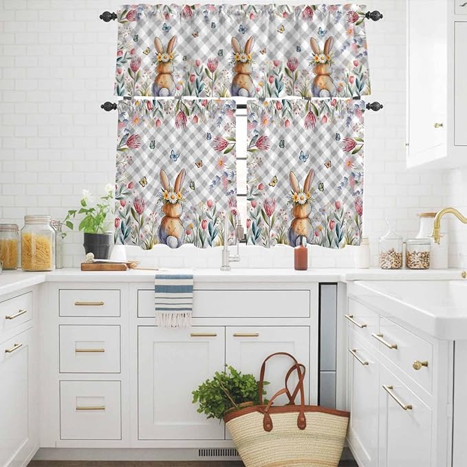 Kitchen Curtains Tiers and Valance Set of 3, Easter Light Filtering Window Curtain Set, Spring Rabbit Butterfly Botanical Florals Grey Plaid Rod Pocket Curtain Drapes for Living Room, 36 Inches Tiers