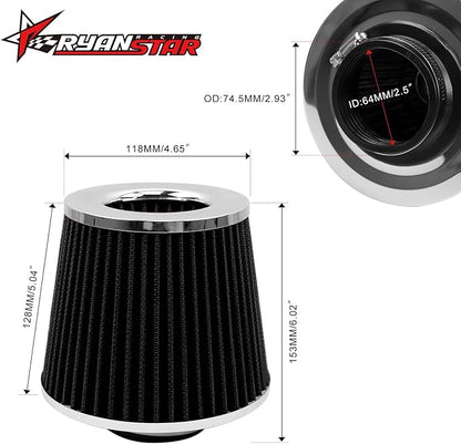 RYANSTAR 63mm 2.5" High Flow Round Tapered Cone Cool Air Filter Cleaner with Top Filter Design Short 153mm tall Black