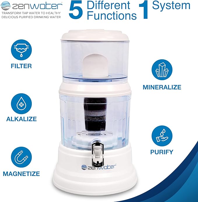 ZENWATER 4-Gallon Countertop Gravity Water Filter System - Portable Alkaline Filtration System - Enjoy Clean and Mineral-Rich Hydration at Home, Office, or Travel