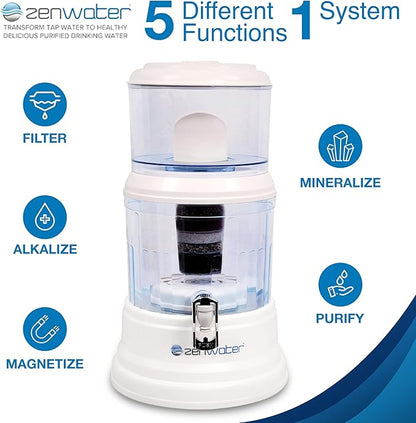 ZENWATER 4-Gallon Countertop Gravity Water Filter System - Portable Alkaline Filtration System - Enjoy Clean and Mineral-Rich Hydration at Home, Office, or Travel
