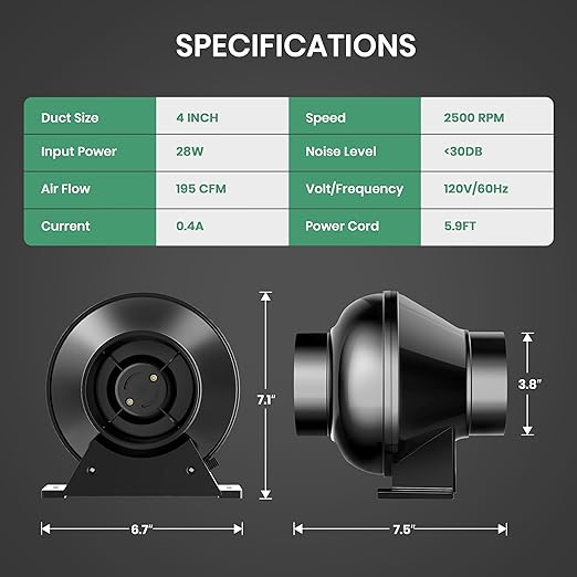 InfiniPower 4 Inch 195 CFM Inline Ventilation Variable Fan Speed Controller, Air Circulation Vent Blower for Grow Tent, Greenhouse, Kitchen, Basement, Black