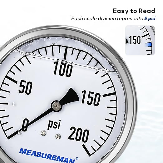 MEASUREMAN Glycerin Filled Plumbing Pressure Gauge 0-200psi Stainless Steel Case, 4" Dial 1/4" NPT Brass Lower Mount, Suitable for Pneumatic Tools, Water Filtration & Industrial Hydraulic Systems