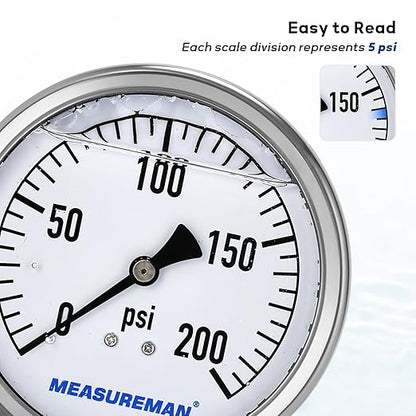 MEASUREMAN Glycerin Filled Plumbing Pressure Gauge 0-200psi Stainless Steel Case, 4" Dial 1/4" NPT Brass Lower Mount, Suitable for Pneumatic Tools, Water Filtration & Industrial Hydraulic Systems