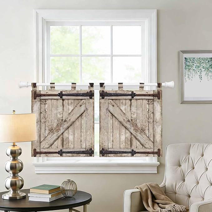 Farmhouse Wood Grain Kitchen Curtains 36 Inch Length, Small Window Curtains Tab Top, Vintage Country Barn Gate Brown Light Filtering Short Window Treatments Tier Drapes 27.5"x36" 2 Panel