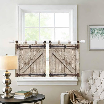 Farmhouse Wood Grain Kitchen Curtains 24 Inch Length, Small Window Curtains Tab Top, Vintage Country Barn Gate Brown Light Filtering Short Window Treatments Tier Drapes 27.5"x24" 2 Panel