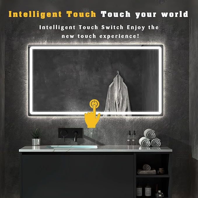 JSLJDM 500 X800 mm Illuminated Backlit LED Bathroom Mirror, Wall Mounted Multifunction Bathroom Vanity Mirror with Lights and Demister Pad, Energy-Saving Illuminated Smart Mirror