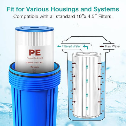 SimPure 10"x4.5" Pleated Sediment Water Filter, 5 Micron Whole House Water Filter Cartridge for Well Water Compatible with FXHSC, ECP20-BB, R50-BBSA, CB1-SED10-BB (4 Pack)