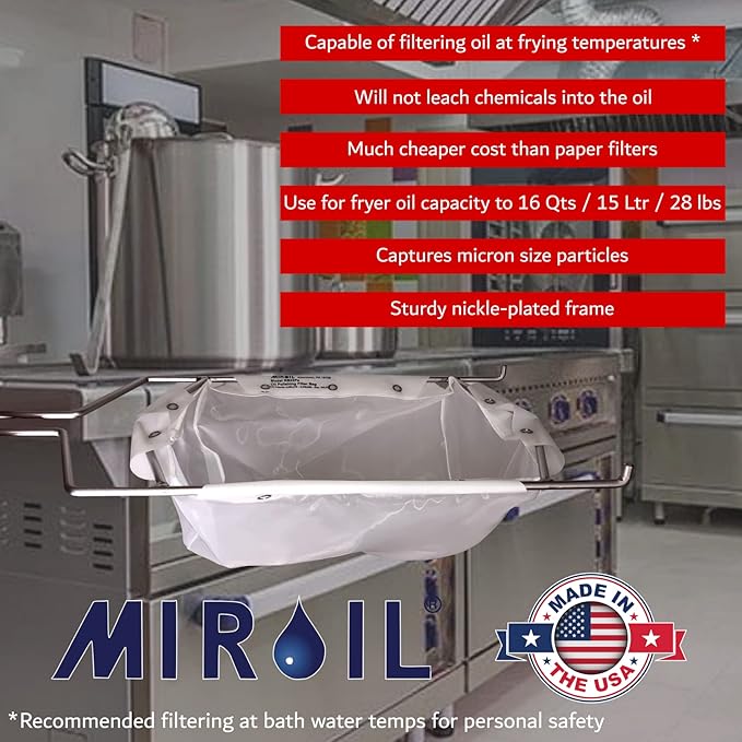 MirOil B22FS Fryer Oil Filter Bag & Frame Combo, Extends Life, Polish Hot & Cold Cooking Oil for Filtration for Deep Fryers, Fits on Top of Fryer Filter Pot, Pail and Storage Container for Restaurants