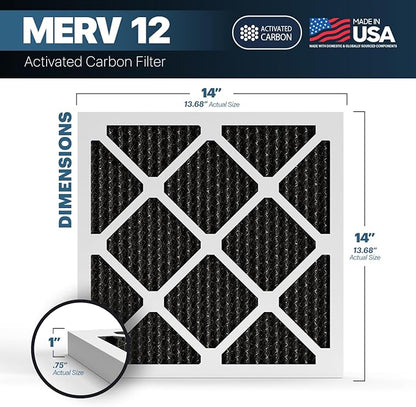 BNX TruFilter 14x14x1 MERV 12 Odor Defense (4-Pack) AC Furnace Air Filter with Activated Carbon - MADE IN USA - Pleated Air Conditioner HVAC AC Furnace Filters - Removes Odor, Mold, Bacteria, Smoke