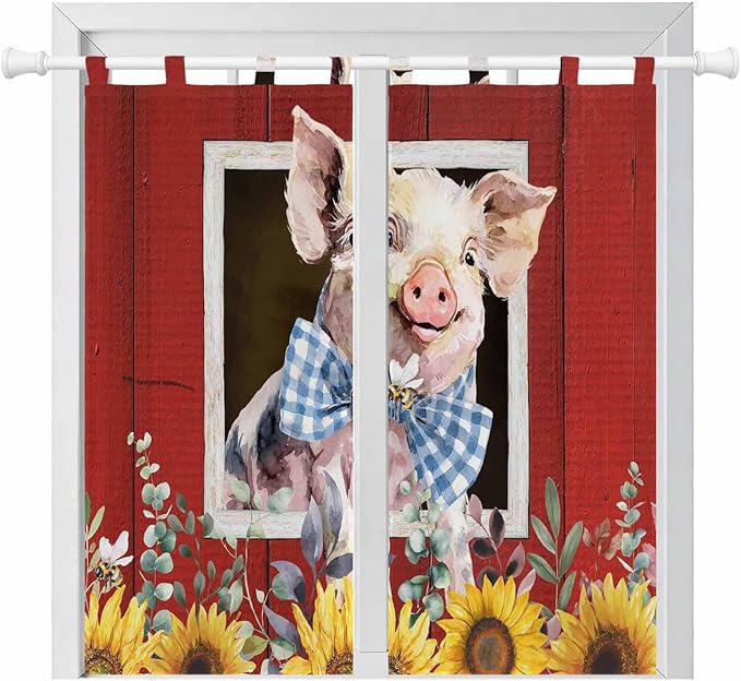 Pig Sunflowers Bedroom Curtains 72 Inch Length, Window Curtains Tab Top, Eucalyptus Leaves Floral Bees Red Barn Light Filtering Window Treatments Drapes 52"x72" 2 Panel