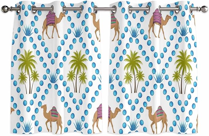 2 Panel Kitchen Cafe Curtains, Camels Palm Trees Sunlight Filtering Nature Air Through, Home Decor Window Covering Tier Curtains for Bedroom Living Room Tropical Desert Animal Plants Polka Dot