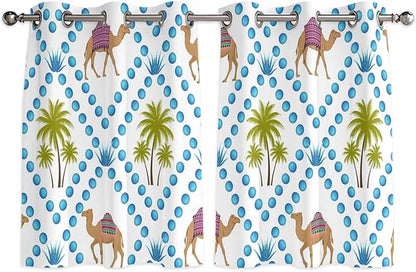 2 Panel Kitchen Cafe Curtains, Camels Palm Trees Sunlight Filtering Nature Air Through, Home Decor Window Covering Tier Curtains for Bedroom Living Room Tropical Desert Animal Plants Polka Dot