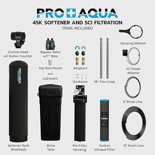 PRO+AQUA PRO-SCI-S45E Whole House Water Filter & Softener Bundle | 45,000 Grain Capacity | Removes Chlorine, Sediment, VOCs, Calcium & Magnesium | Ideal for 3–4 Bathrooms | High-Flow, Heavy-Duty