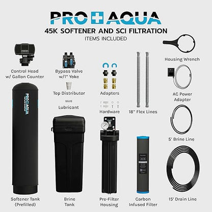 PRO+AQUA PRO-SCI-S45E Whole House Water Filter & Softener Bundle | 45,000 Grain Capacity | Removes Chlorine, Sediment, VOCs, Calcium & Magnesium | Ideal for 3–4 Bathrooms | High-Flow, Heavy-Duty