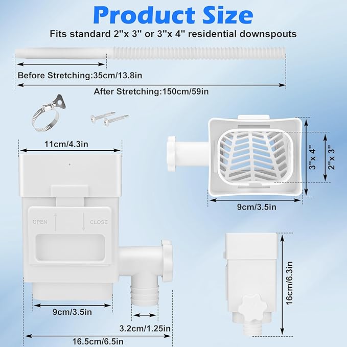 WADEO Rainwater Collection System, Rain Barrel Diverter Kit Fits for 2"x 3" or 3"x 4" Residential Downspouts, Downspout Diverter with Adjustable Valve and Filter, 5FT Hose, White