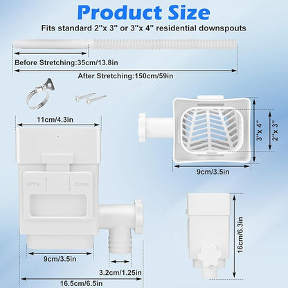 WADEO Rainwater Collection System, Rain Barrel Diverter Kit Fits for 2"x 3" or 3"x 4" Residential Downspouts, Downspout Diverter with Adjustable Valve and Filter, 5FT Hose, White