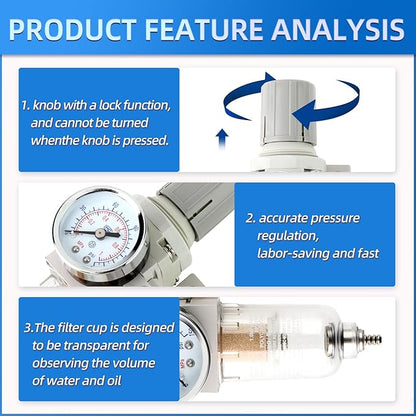 1/4" NPT 3 Stage Air Drying System,Coalescing Filter, Particulate Filter and Air Regulator, Manual Drain for Air Tools and Spray Paint Gun