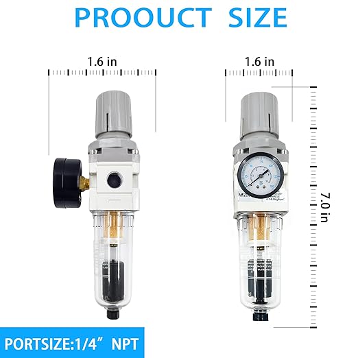 XingNEeng 1/4" NPT Compressed Air Filter Regulator Combo Piggyback, Water/Oil Trap Separator with Pressure Gauge(0-150 psi), Auto Drain, Poly Bowl, 5 Micron Brass Element, Metal Bracket