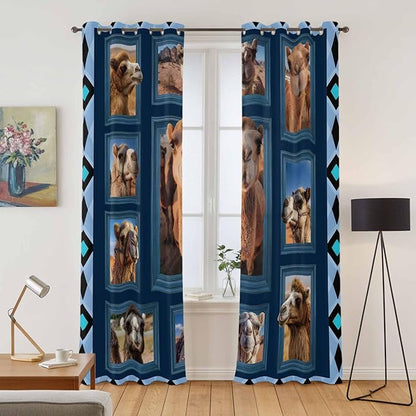 2 Panel Kitchen Cafe Curtains, Desert Camels Sunlight Filtering Nature Air Through, Home Decor Window Covering Tier Curtains for Living Room 104W x 90L inch Wildlife Brown Animals Blue Geometric