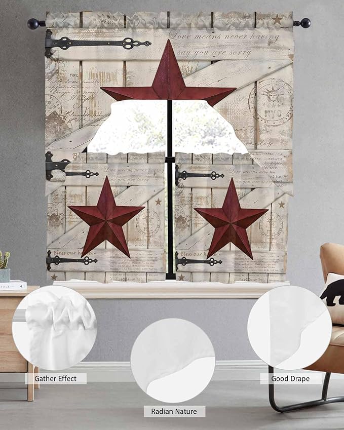 Village Stars Swag Kitchen Curtains Valance and Tier Set, Vintage Dark Red Star Beige Barn Doors Light-Filtering Swag Valance 24 Inch Length, Rod Pocket Short Curtain for Bedroom Cafe