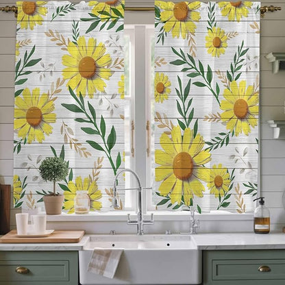 Yellow Daisy Kitchen Curtains, Farmhouse Country Flower Leaf Plant Wood Grain Light Filtering Window Curtain Panels, 2Pcs Rod Pocket Window Treatments Set for Living Room Bathroom Bedroom 42x63 Inches