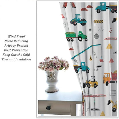 Construction Window Curtains, Kids Cartoon Construction Machines Building Hand Drawn Doodle Rod Pocket Decorative Windows Curtain for Children Teens Room Decor 63x63in (30% Blackout)