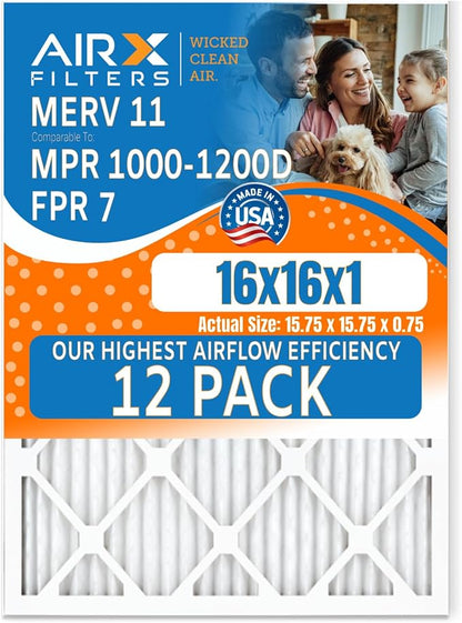 16x16x1 Air Filter MERV 11 Rating, 12 Pack of Furnace Filters Comparable to MPR 1000, MPR 1200, FPR 7, High Efficiency 12 Pack of Furnace Filters Made in USA by AIRX FILTERS WICKED CLEAN AIR.